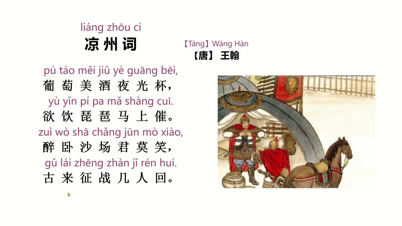 Listen to the teacher read and explain Wang Han’s poem 《凉州词》听老师朗诵并解释唐朝诗人王翰的《凉州词》
