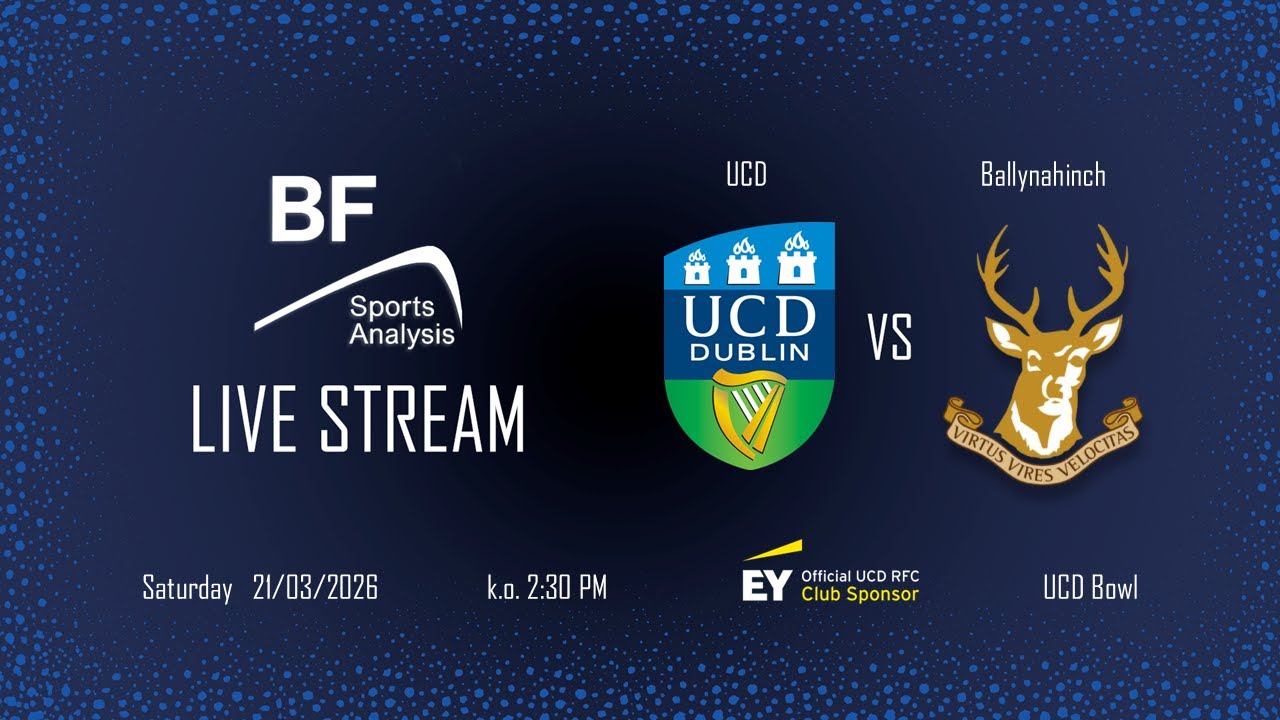 UCD v Ballynahinch RFC, AIL Round 16, 2.30pm Sat. 21/3/26 streamed by BF Sports Analysis