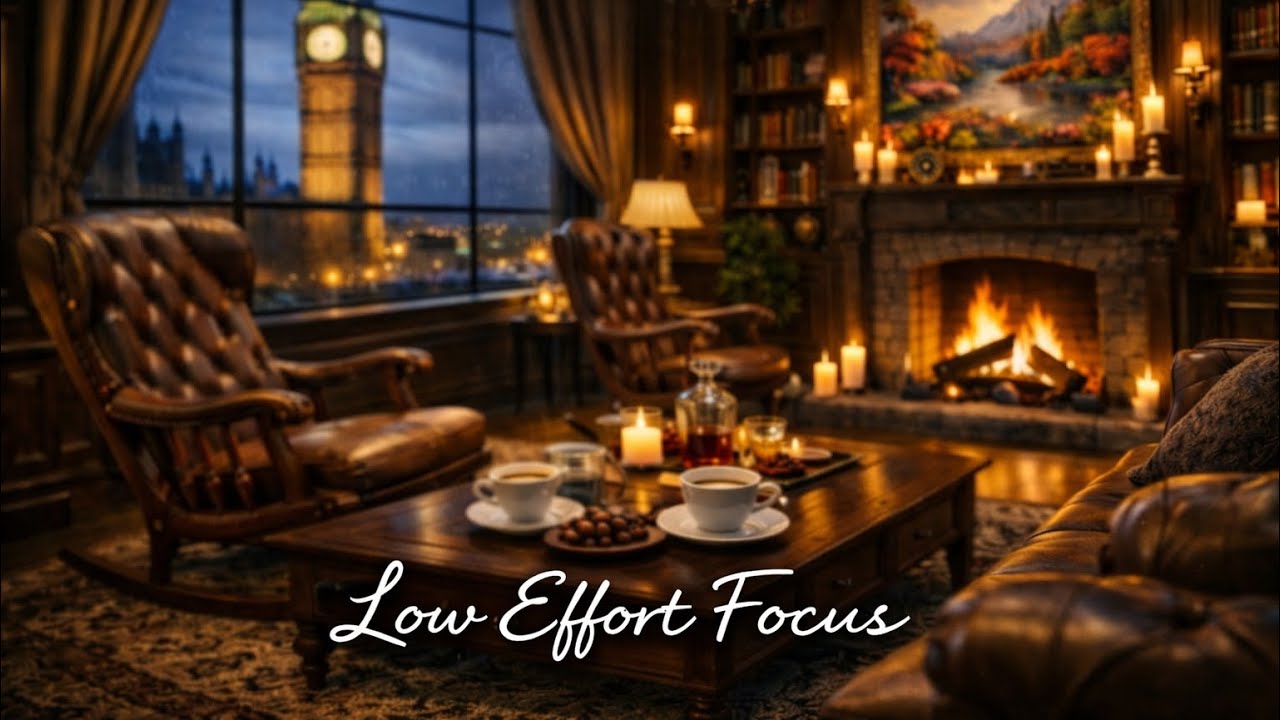 Cozy London Cafe Ambience with Rain & Fireplace (No Music)