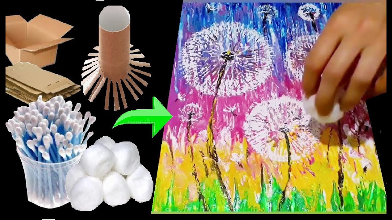 Pintura fácil Dente de Leão c/Rolo de Papel Higiênico/Easy Dandelion Painting with Toilet Paper Roll