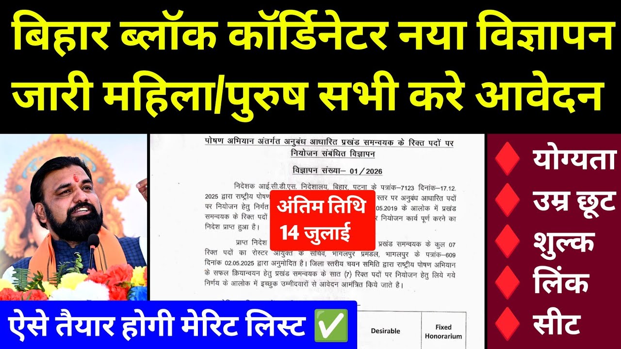 बिहार ब्लॉक कॉर्डिनेटर नया विज्ञापन जारी 🔴 ऐसे करे आवेदन l Bihar Block Coordinator New Recruitment 