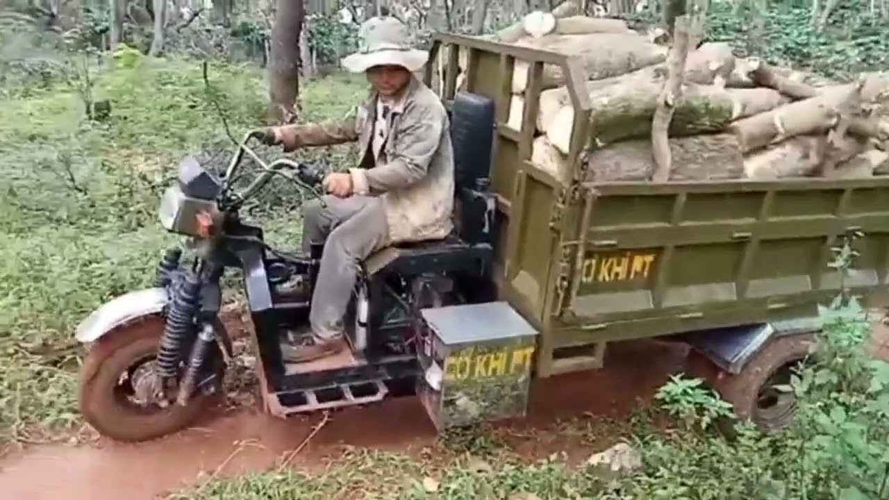 Xe ba gác bánh đôi chở cây tạp rất nặng lên dốc suýt bị nhóng đầu Tricycle carrying firewood uphill✅