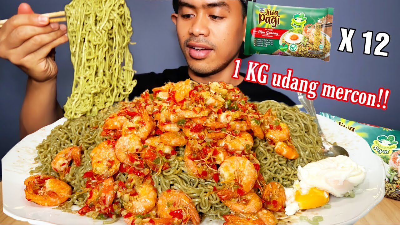 MUKBANG 12 BUNGKUS MIE JIWA PAGI + 1 KG UDANG CABE MERCON