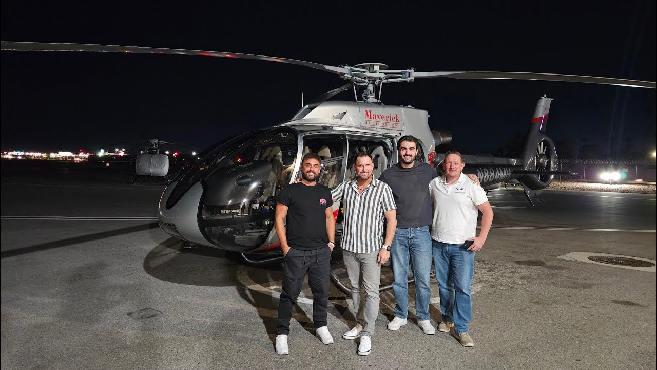 Helicopter down the strip at night in Las Vegas, Nevada.