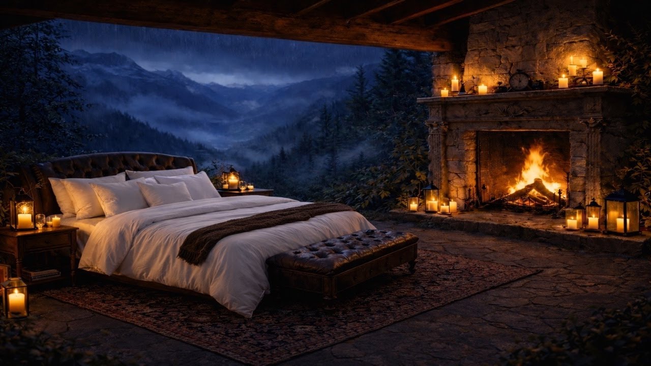 🌧️🌲🛏️4K Sleep in a Rain Storm at Night by the Fireplace in the Forest.