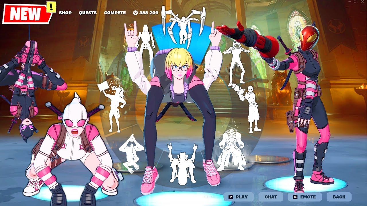 GWENPOOL Skin Fortnite doing All Built In Emotes and Funny Dances