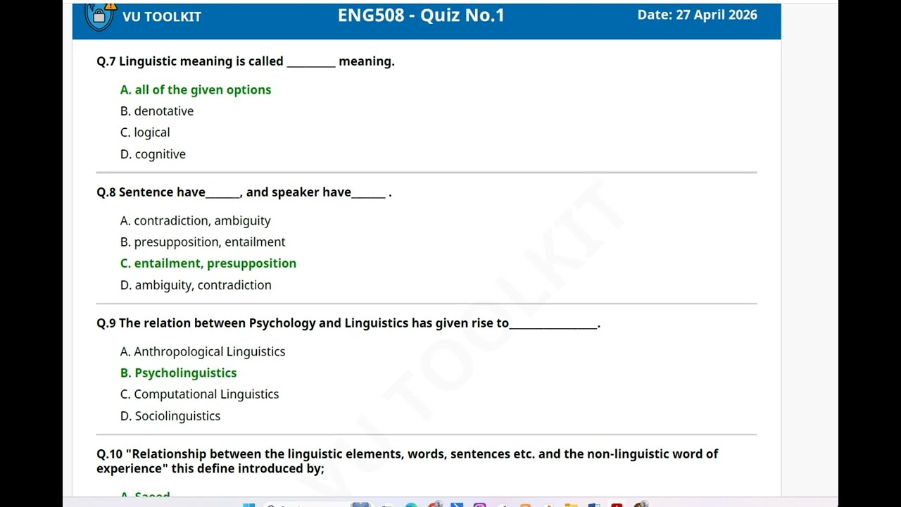 Virtual University ENG508 Quiz 1 Solved Spring 2026 | Virtual University Latest Quiz