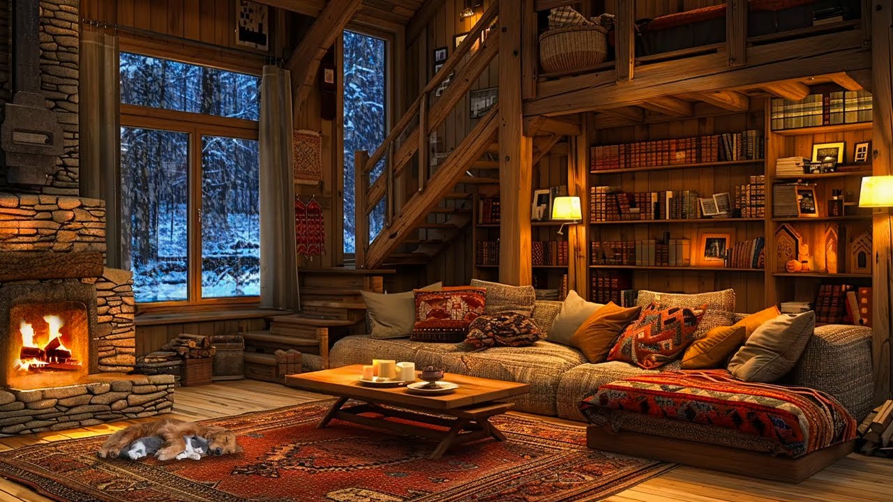 Warm and comfortable living room on winter nights | Soothing fireplace sounds | Cat sleeping