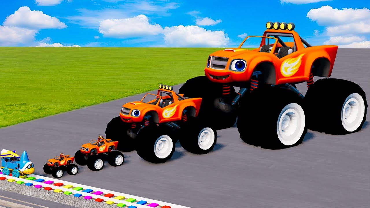 Big & Small Blaze and Monster Machines vs Trains vs Deadly Traps &ndash; BeamNG.drive!