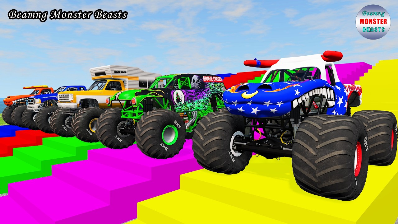 Monster Truck Transport on Triple Flatbed Trailer &ndash; BeamNG Monster Beasts #284
