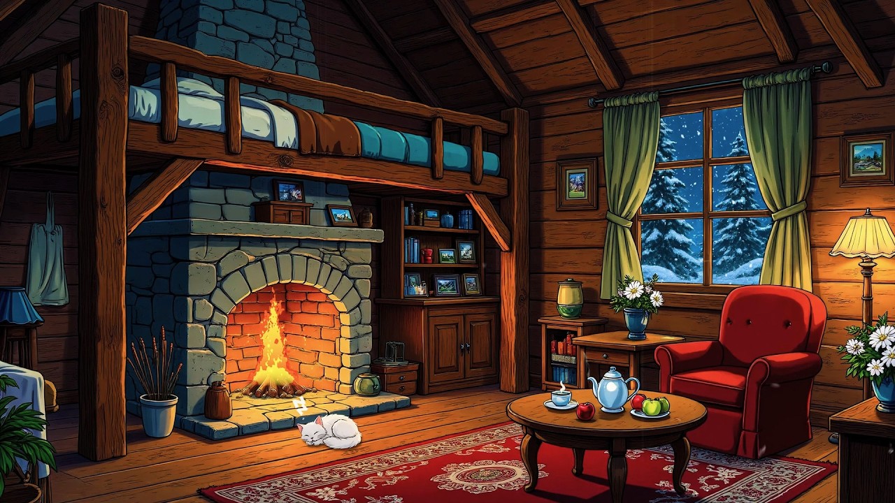1950’s soft vintage oldies music on a cozy winter night for relaxation (crackling fireplace)
