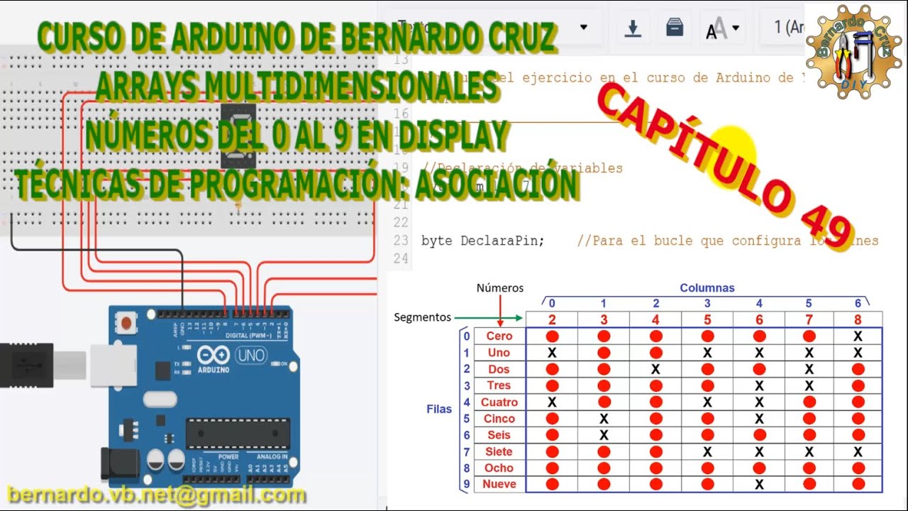 Curso de Arduino Bernardo T. Cap 49. Display 7 segmentos de 0 a 9. Array multidimensional. Matrices