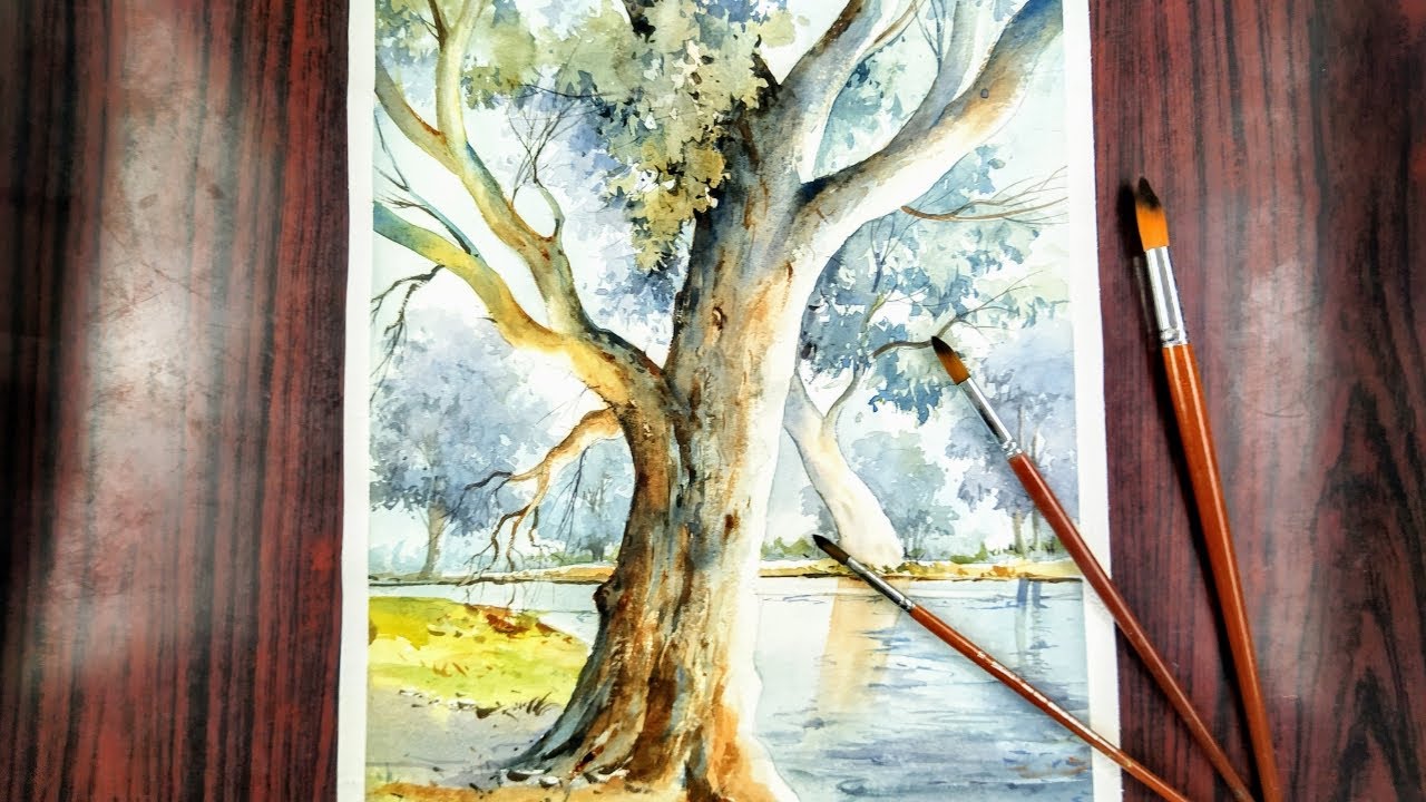 Giant eucalyptus tree landscape painting watercolor / demo watercolor painting