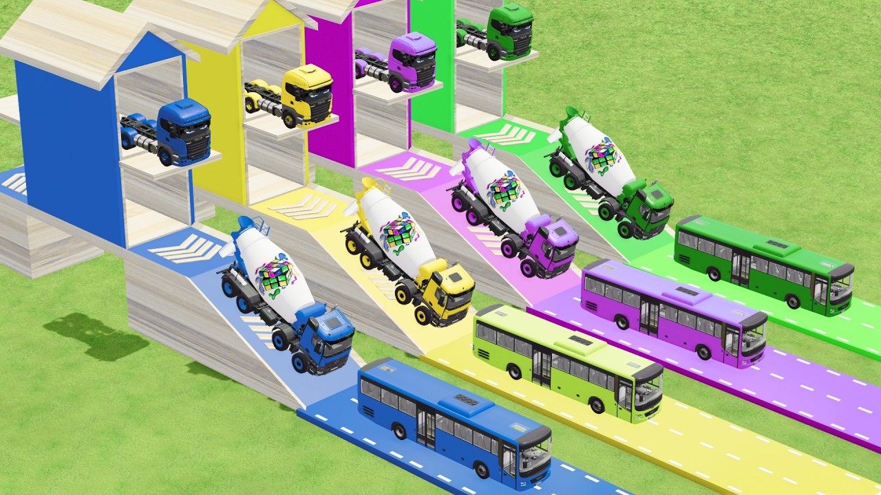 Garage with Colors - ALL MIXER TRUCK WITH DOUBLE FLATBED TRAILER TRUCK VOLVO, TRUCK BUS