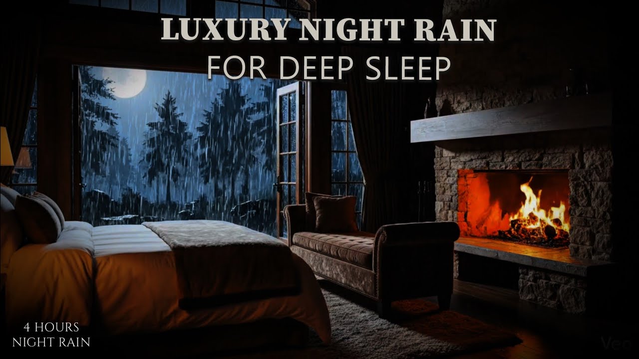 Sleep Instantly 🌧️ Heavy Rain Falling in a Dark Forest Cabin | Relaxing Fireplace Ambience (4 Hours)