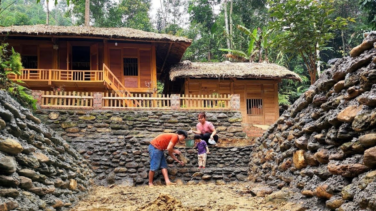 Full Video : 45 Days Building a complete and solid stone fish pond wall in the mountains and forests