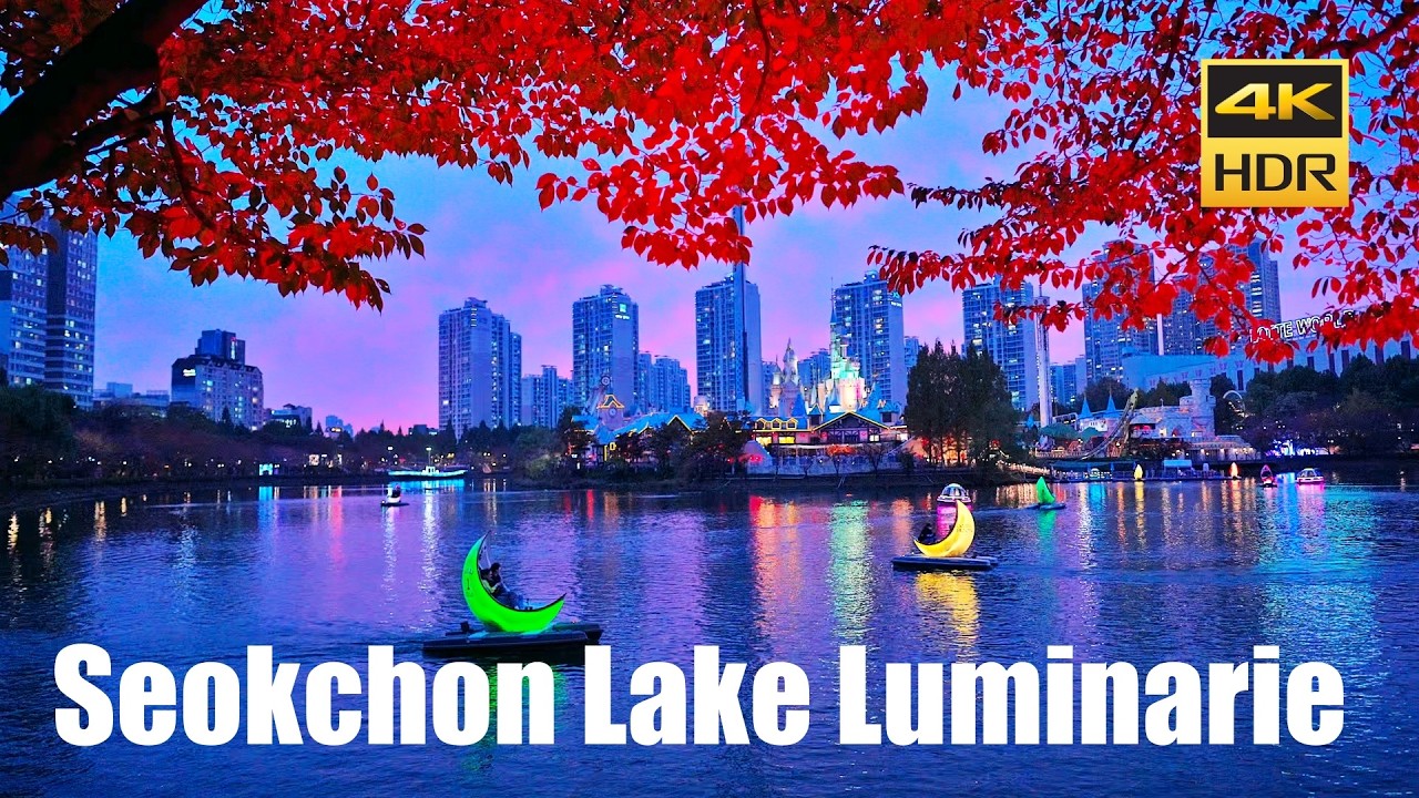 Seoul night walk at Jamsil Seokchon Lake Luminarie Festival | Lotte World Tower, Korea Travel 4K HDR