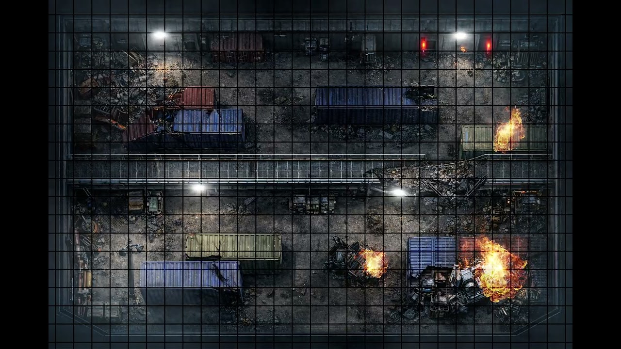 Destroyed Container Yard Combat Zone | Animated Battle Map | 1 Hour Seamless Loop | Grid