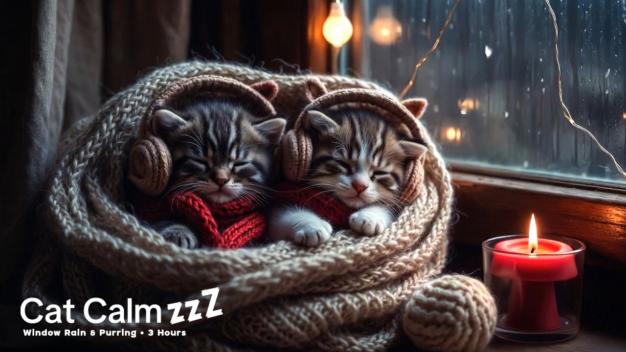 Kittens Cuddling in a Blanket with Rain on Window 3 Hours | Cat Purring for Deep Sleep 🌧️🐱