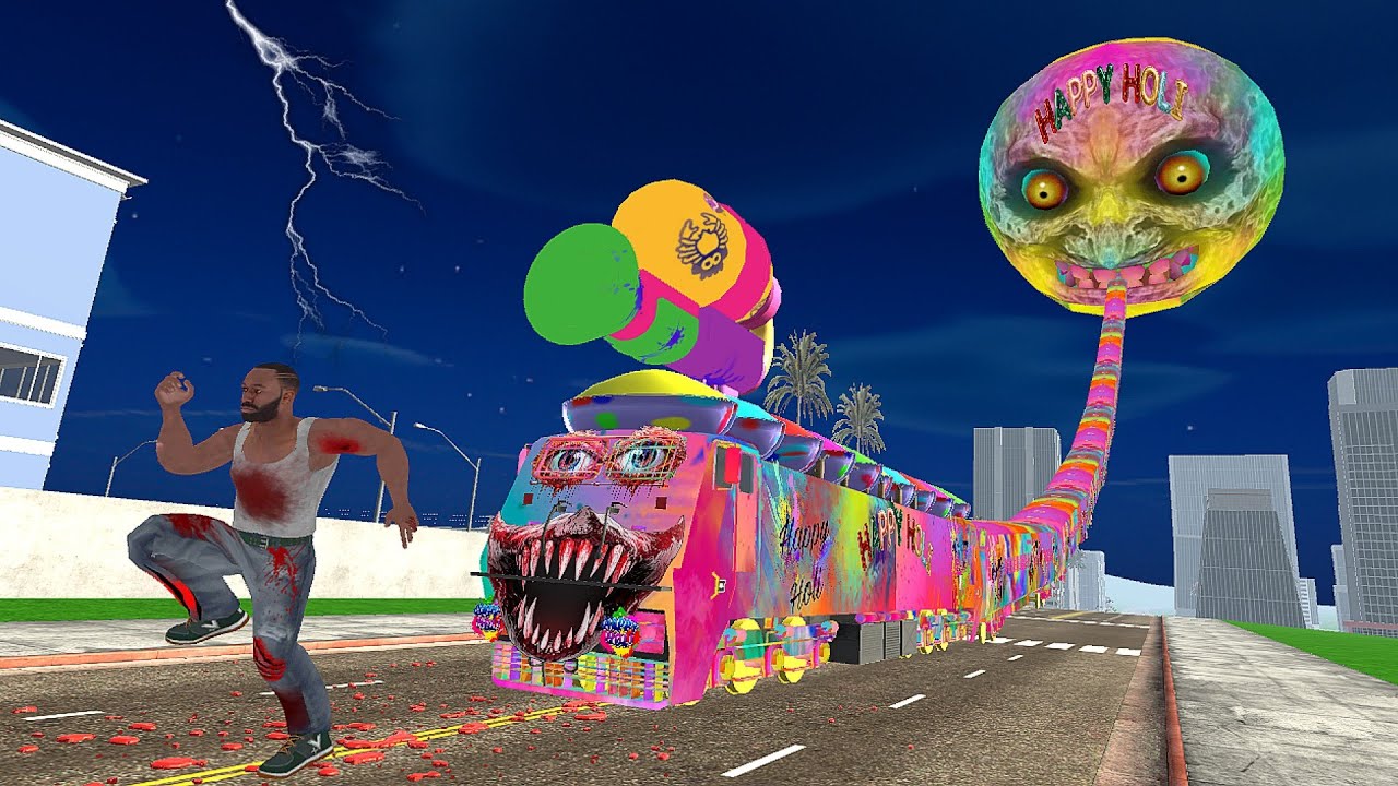 Largest Holi Moon Train Attack on Franklin - indian bikes driving 3d game