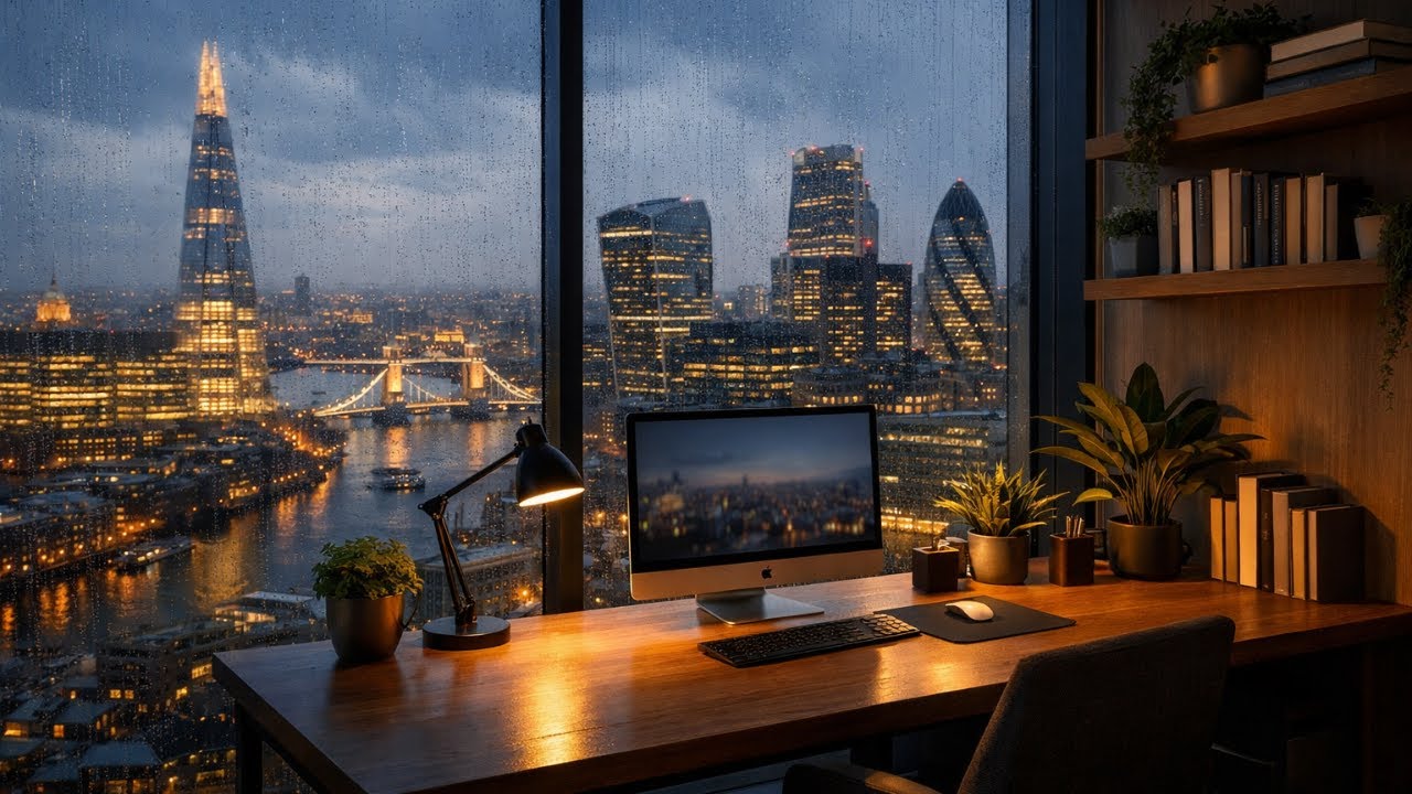 Cozy London Study Room | Rainy Night Skyline View | 1 Hour