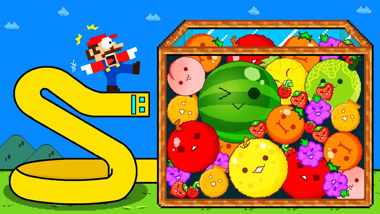 Mario vs Geometry Snake Escape the Watermelon Game (SUIKA) Mix Level Up Maze Mayhem