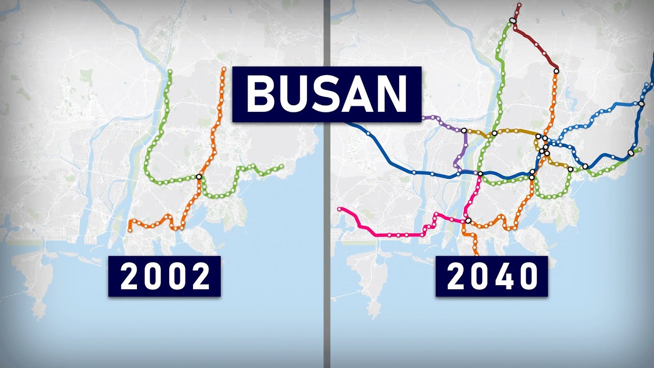 Evolution of the Busan Metro 1985-2040 (geographic map)