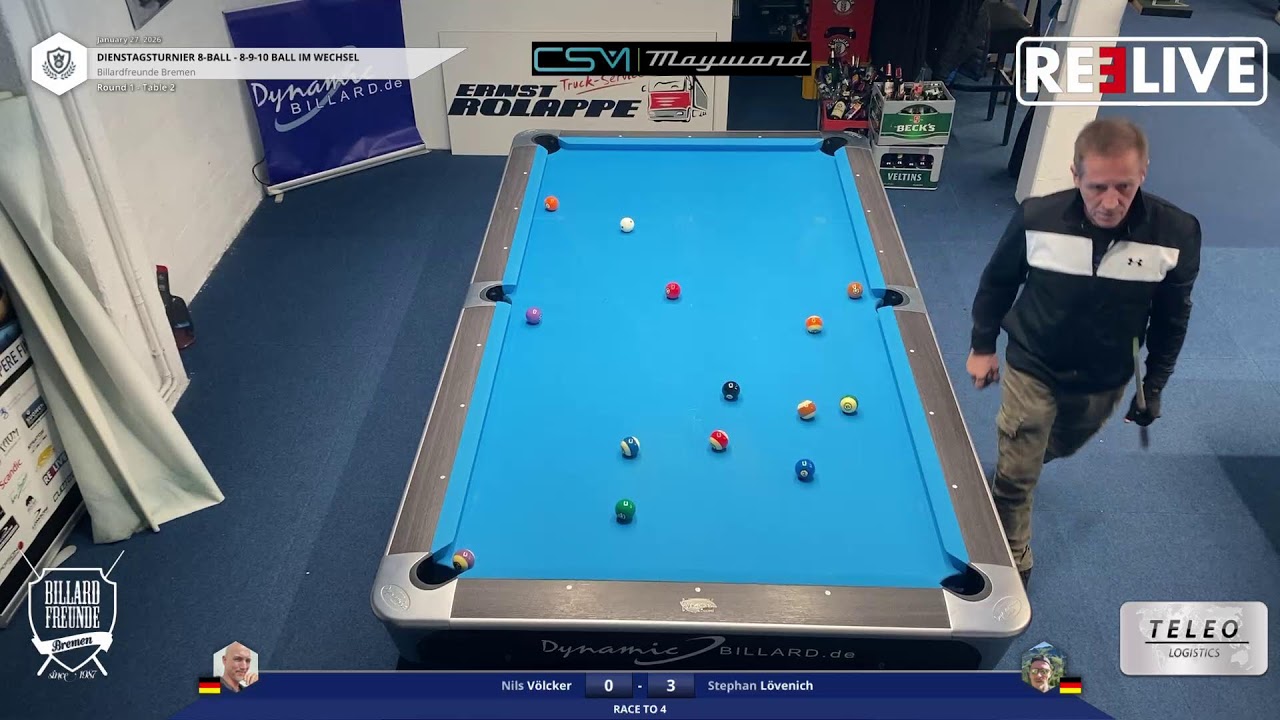 Spieler1} vs Stephan Lövenich Tisch[2] Dienstagturnier Billardfreuden Bremen 8-Ball 27.1.26 Nils Völ