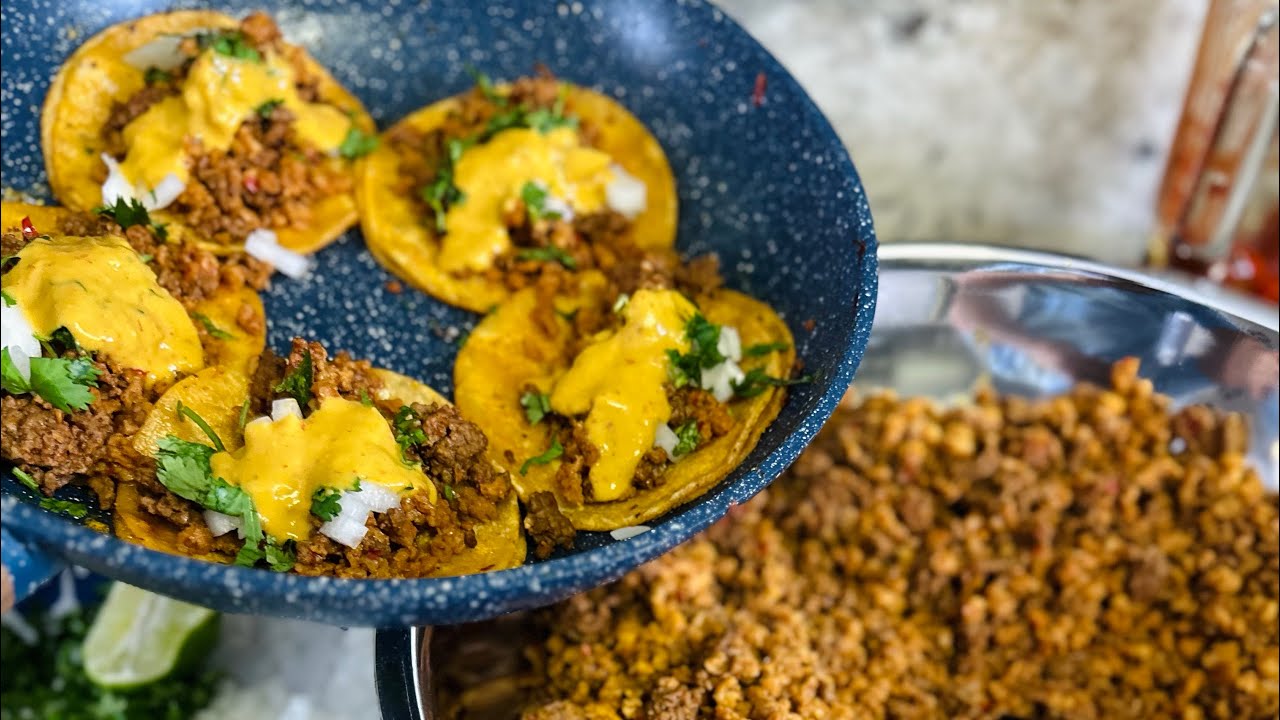 Tacos de Soya con Carne molida y Salsa Taquera