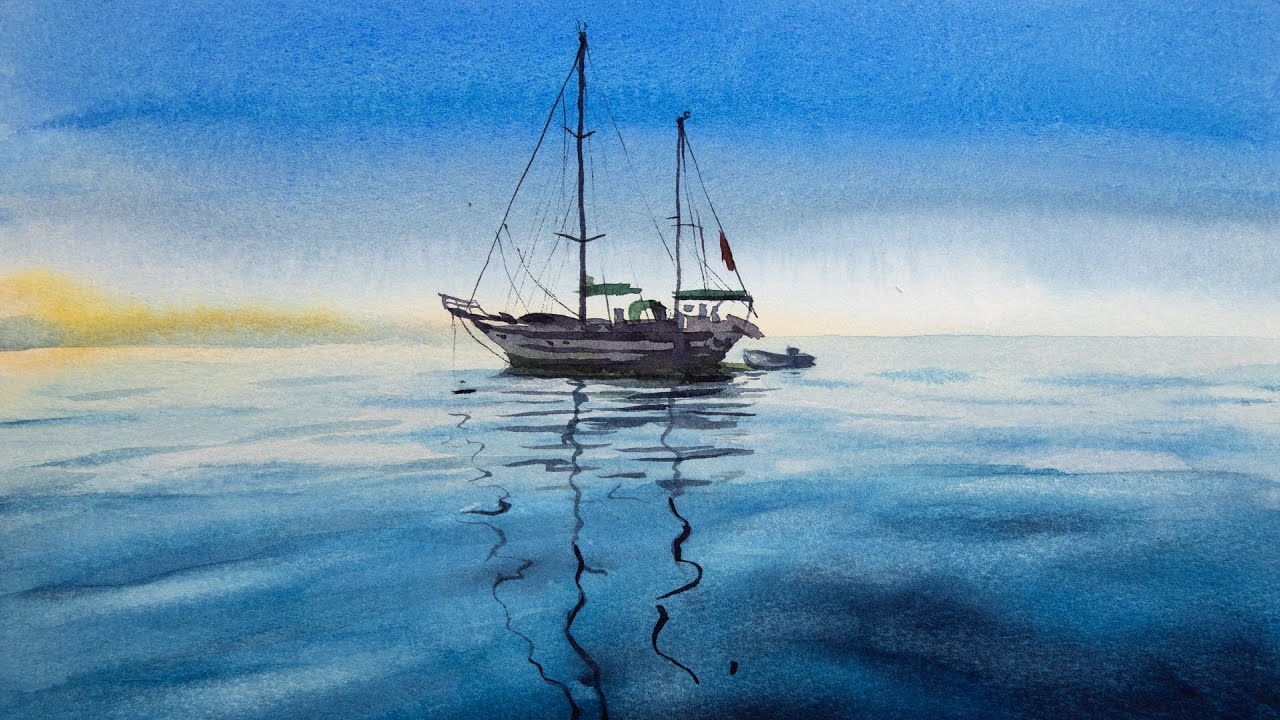Watercolor painting of a sailboat in the sea
