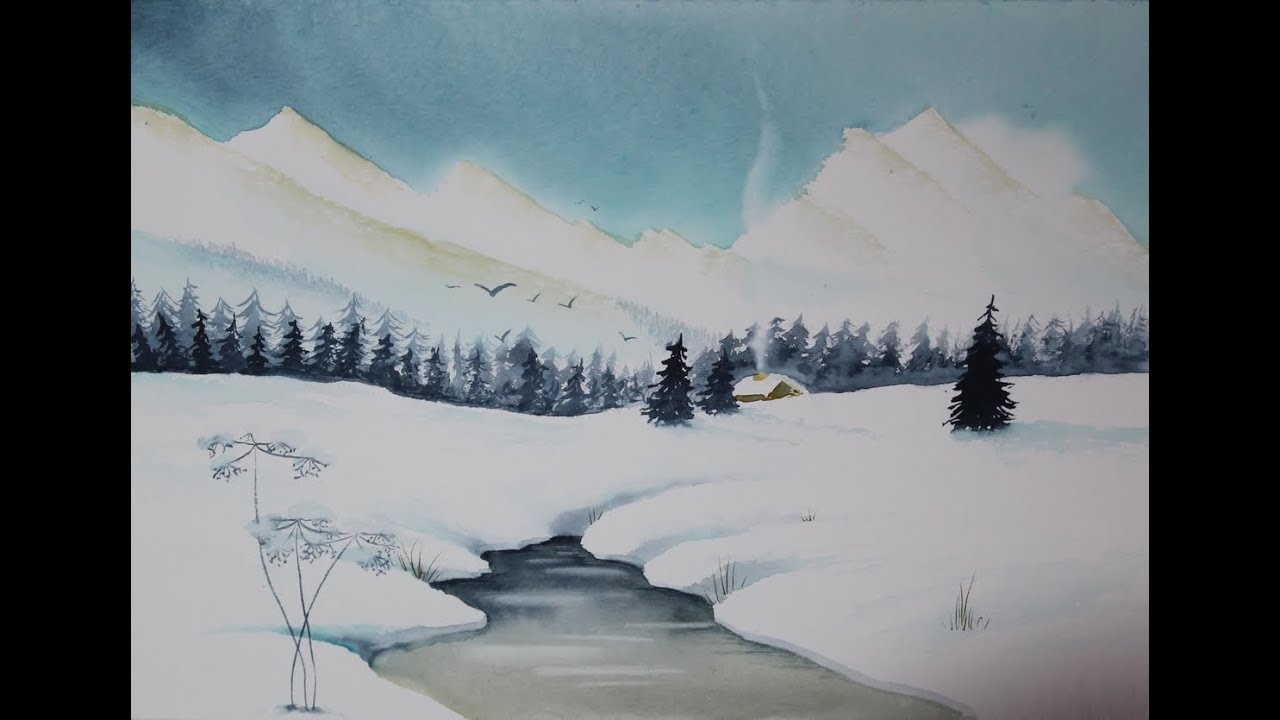ellathefay: watercolor: Winterhäuschen in den Schweizer Bergen....
