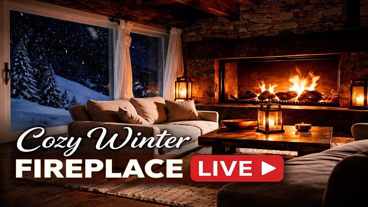 Relaxing Winter Night Fireplace ❄️ Cozy Alpine Cabin | Live 4K Ambience