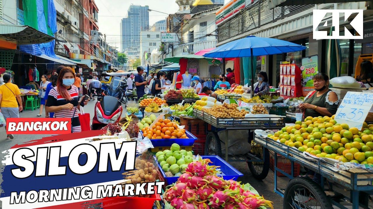 [4K] Silom Soi 20 Morning Market in Bangkok 🇹🇭 Walking Tour (ASMR -  Binaural City Sounds)