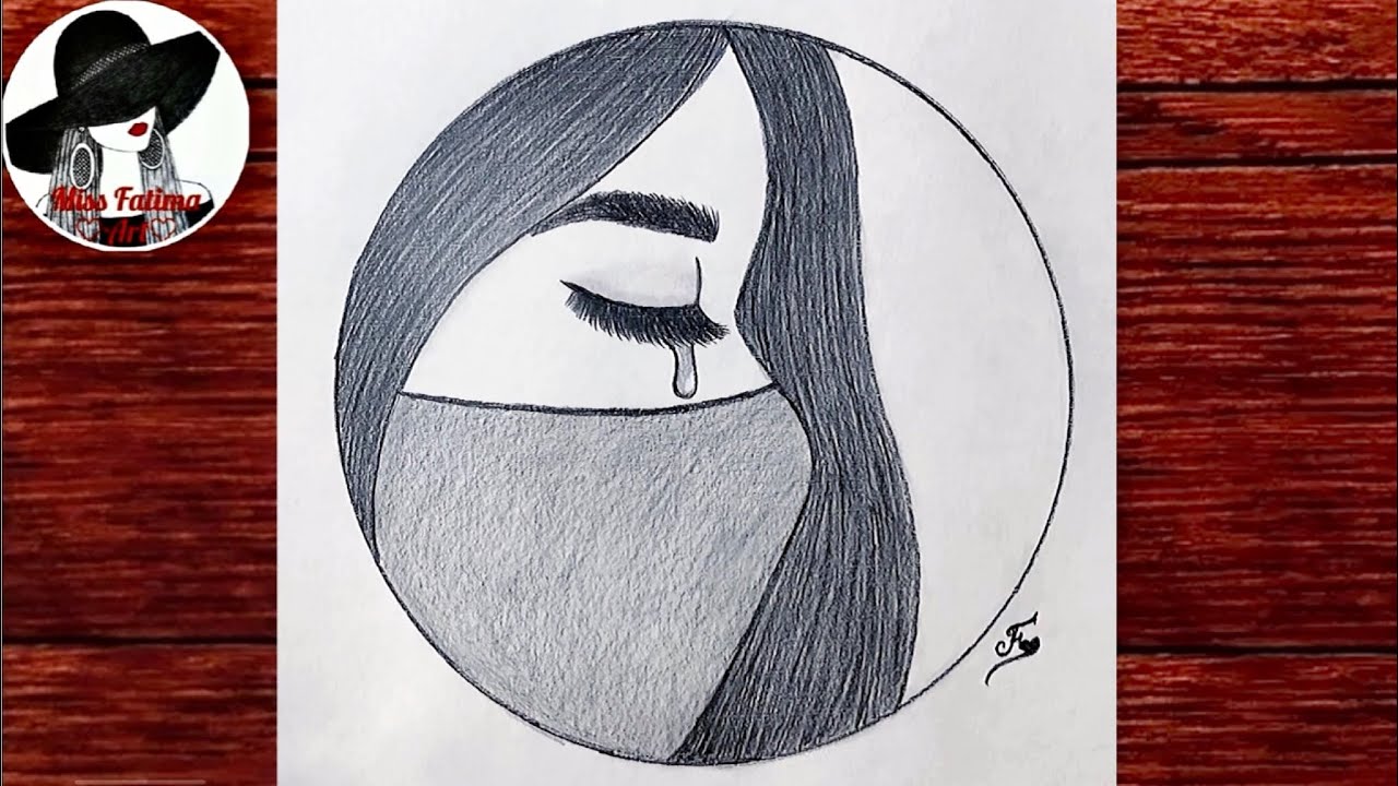 Crying girl drawing || Circle drawing for beginners || How to draw a sad girl with mask