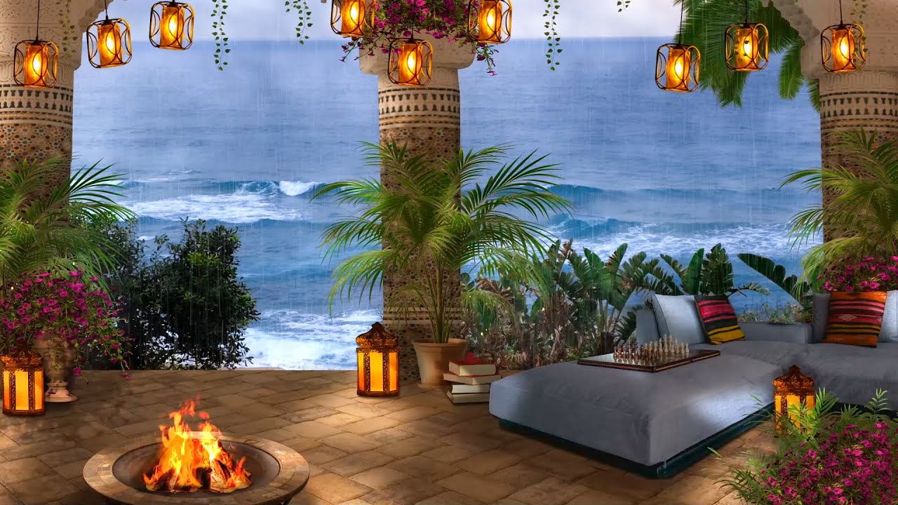 🌊 Rain & Ocean Waves on a Cozy Seaside Porch | Fireplace, Thunder & Nature Sounds for Sleep