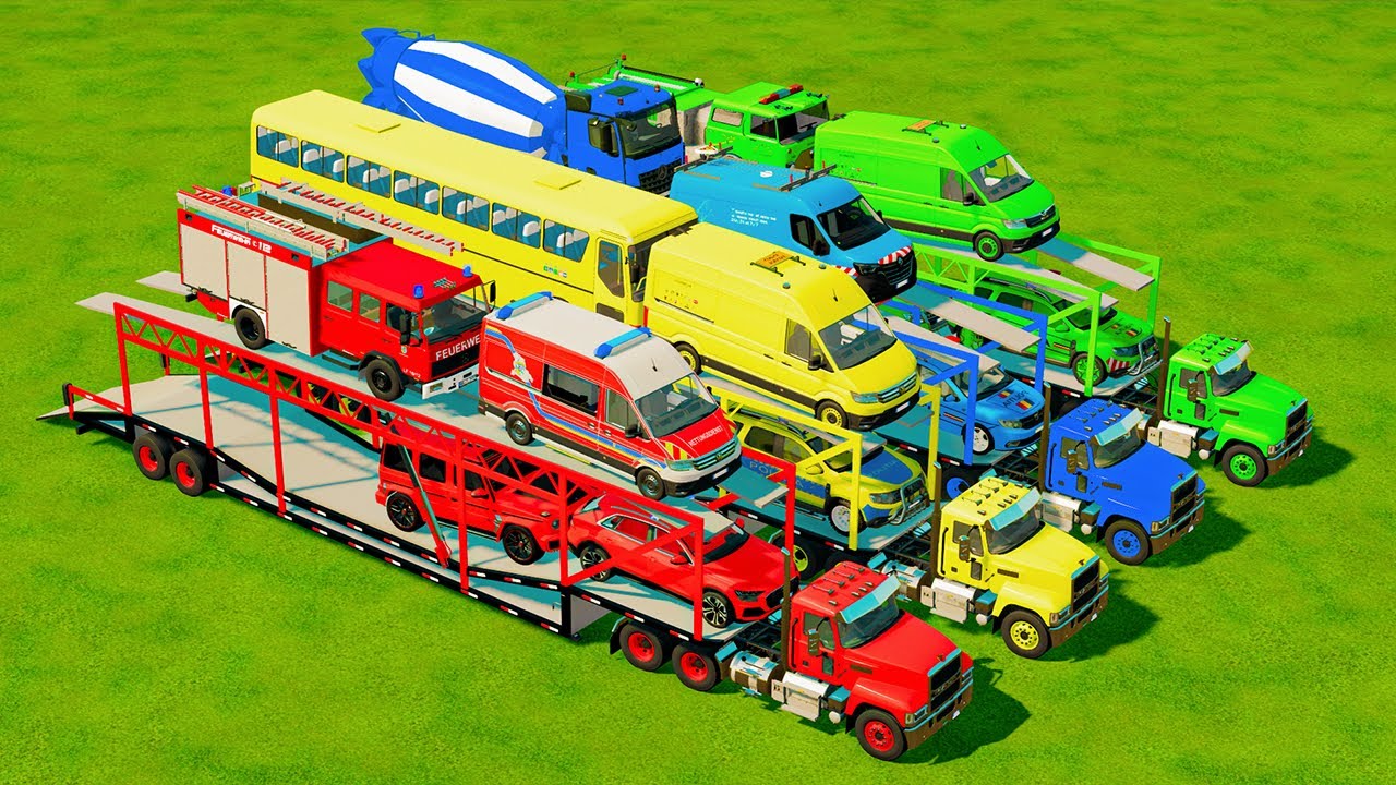 TRANSPORTING POLICE CARS, AMBULANCE, FIRE TRUCK, COLORFUL CARS WITH TRUCK -FARMING SIMULATOR 22!