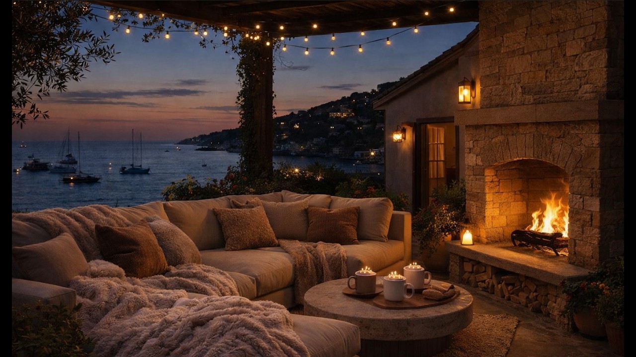 Cozy Reading Nook Ambience with Smooth Jazz Music - Ocean Waves & Warm Fireplace Sounds for Sleep.