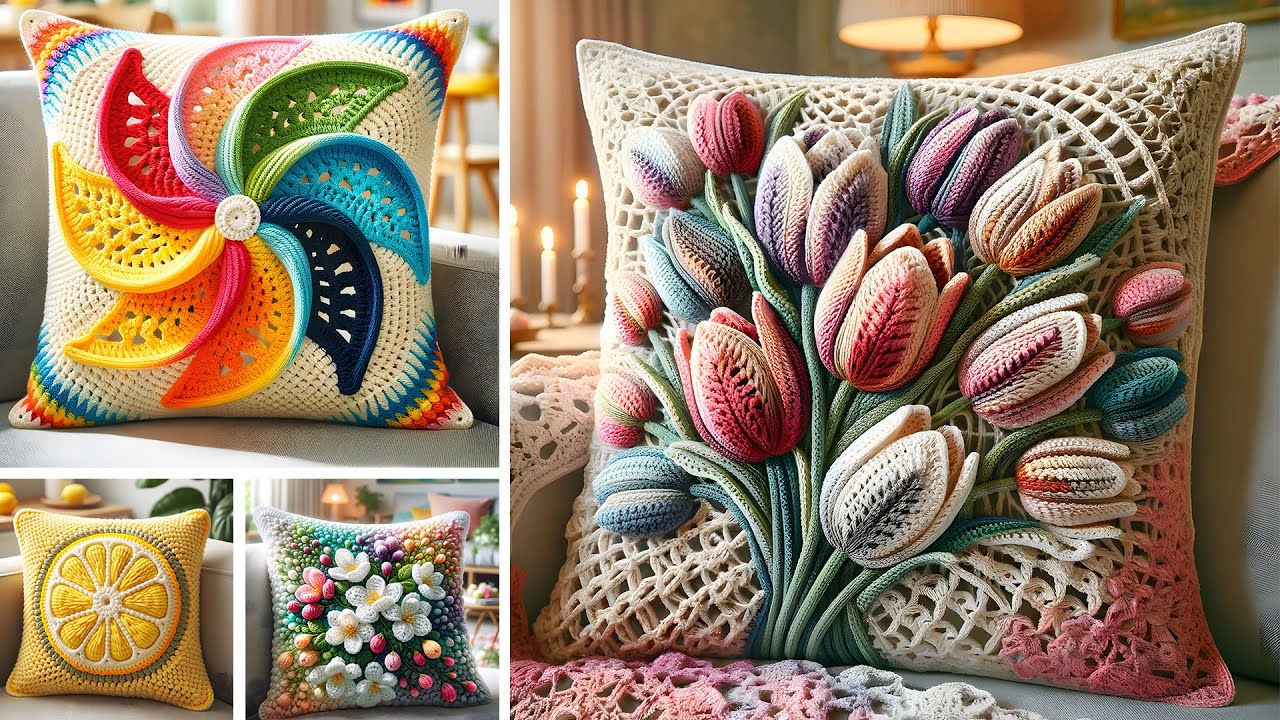 Most Beautiful Crochet knitted cushion designs with wool #crochet #knitting #cushion