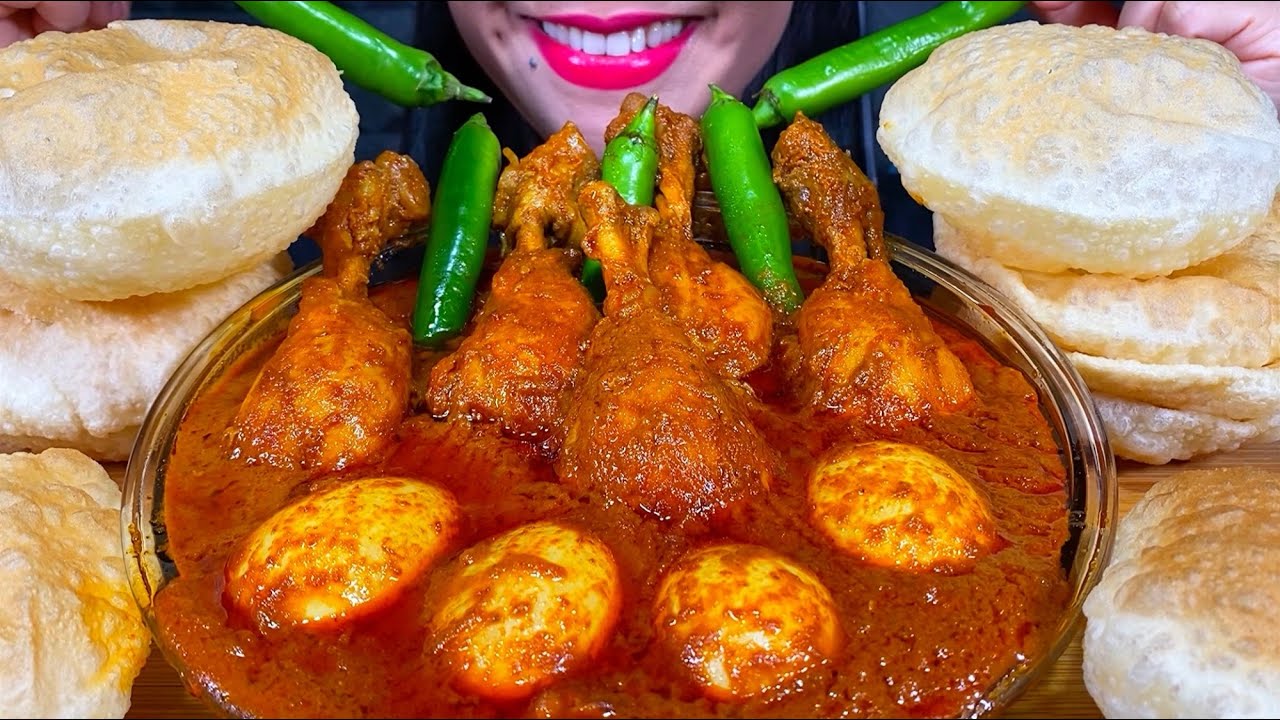 ASMR SPICY CHICKEN CURRY, EGG CURRY, LUCHI/PURI, CHILI MUKBANG MASSIVE Eating Sounds