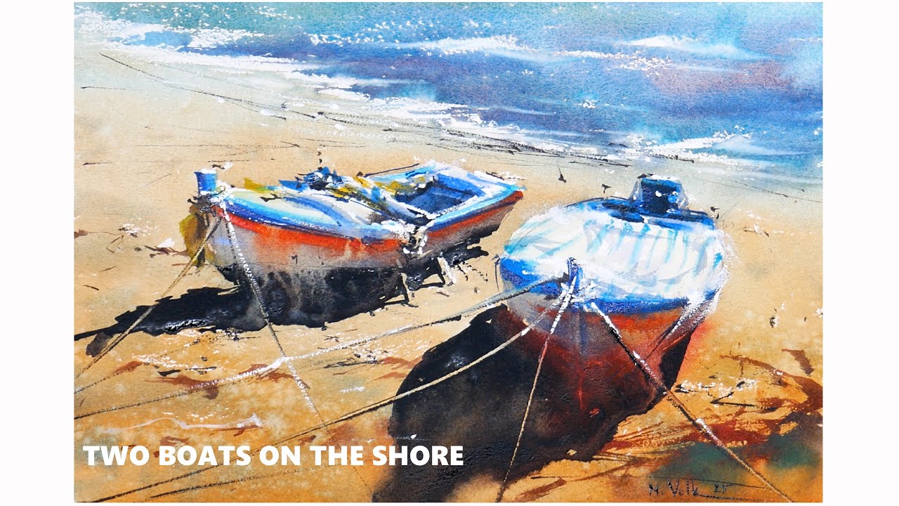 Loose Watercolor Painting Seascape Boats