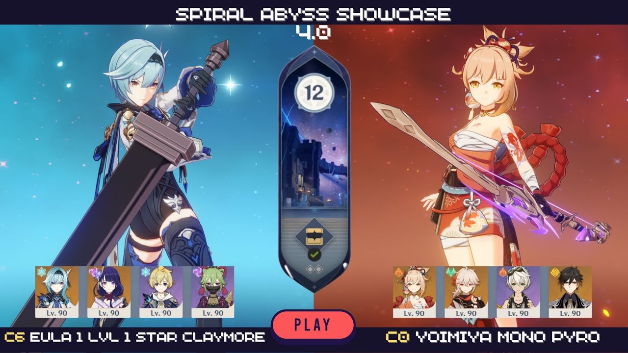 Spiral Abyss 4.0 - Floor 12 | C6 Eula 1 Lvl 1 star Claymore and C0 Yoimiya Mono Pyro  [9 stars]