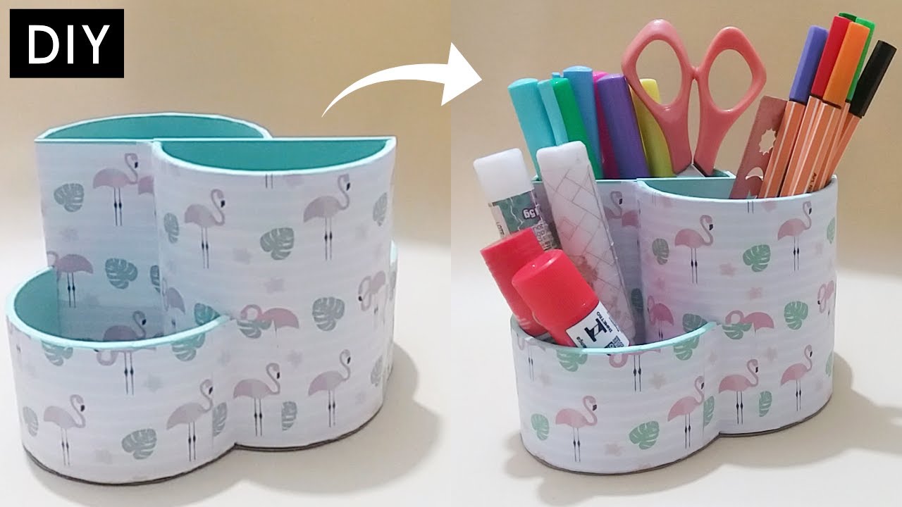 Ideia de Porta Lápis com Rolo de Durex - Porta Lápis Flamingo - Passo a Passo DIY