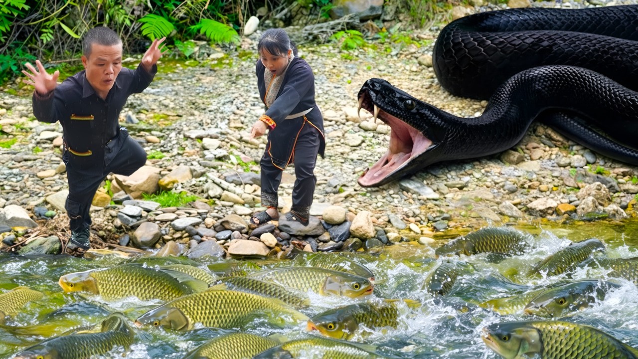 Survival skills of the dwarf family: Encountering a giant python while trapping stream fish