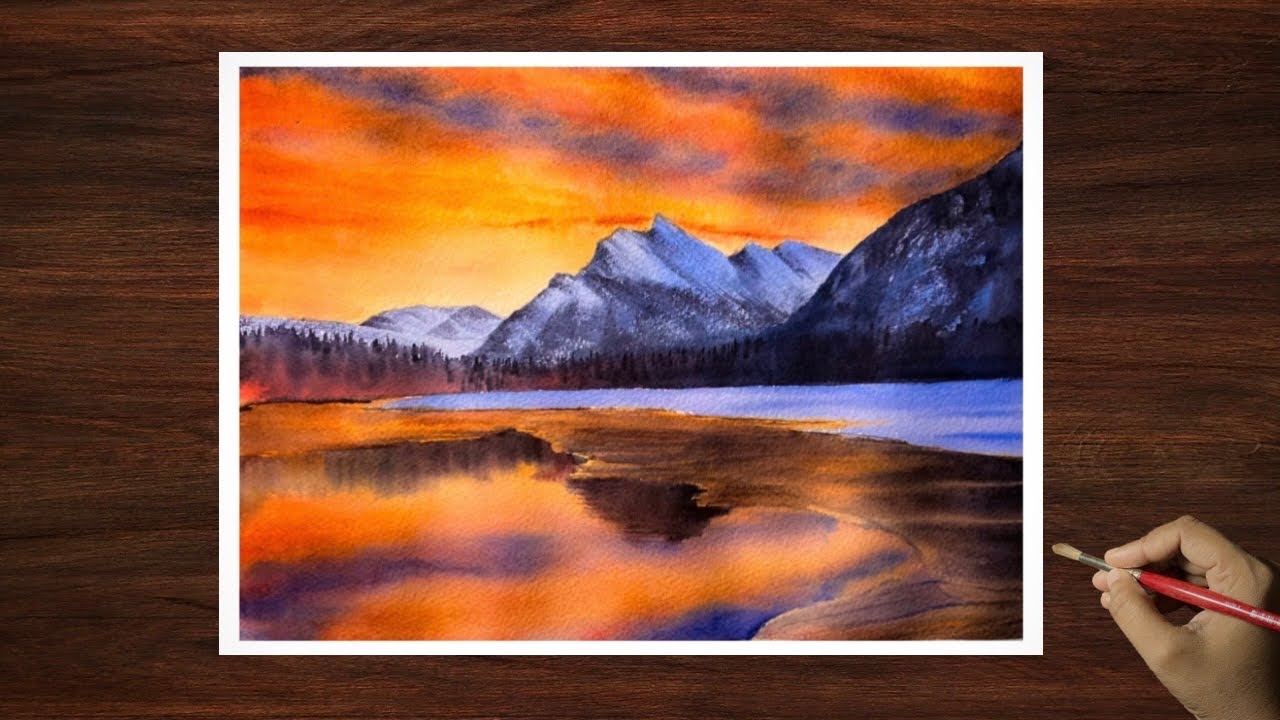 Painting a Fiery Sunset Reflection | Watercolor Landscape