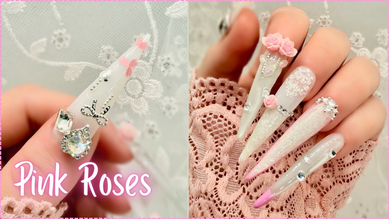 Pearly White Nails With 3D Flowers Nail Art Design - asmr - nail art tutorial