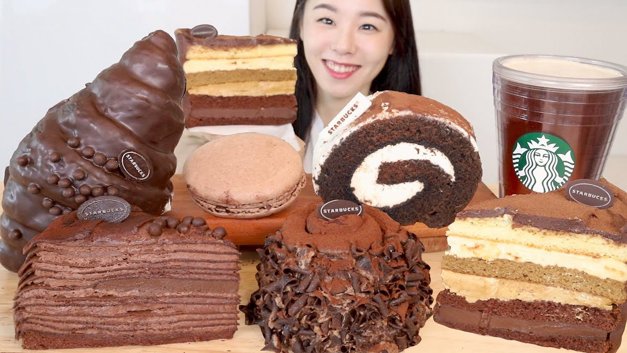 SUB) ASMR Старбак Шоколадный десерт Мукбанг 🍫 Хлеб Креповый торт Макароны Тирамису Круассан