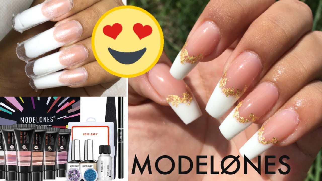 TESTING OUT MODELONES POLYGEL !!!  FINALLY 😍 GOLD FRENCH TIP NAILS USING DUAL FORMS😱