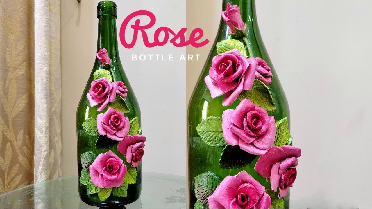 Rose bottle art/ 3d clay rose sculpture on bottle