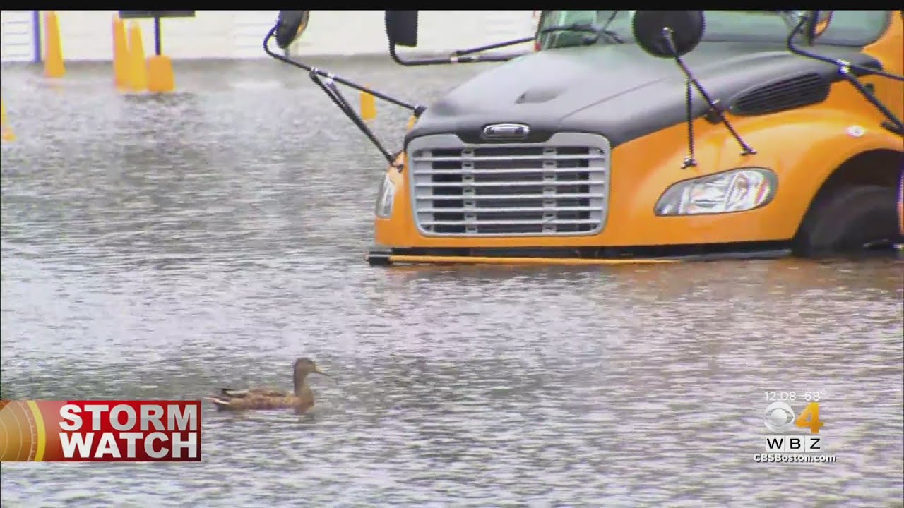 Waltham School Buses Trapped In Flooded Parking Lot