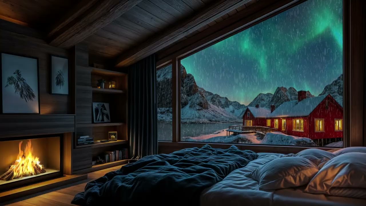 Peaceful Aurora Night Vibes❄️Relaxing in a Cabin with Snowfall & Fire Sounds Ambience for Deep Sleep